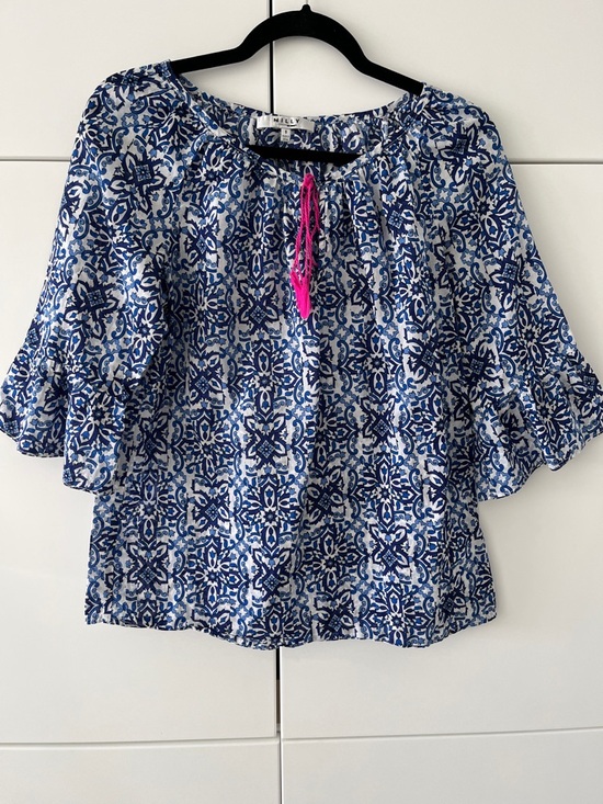 Milly Tops - Milly Blue and White Printed Peasant Blouse with Pink Tassel